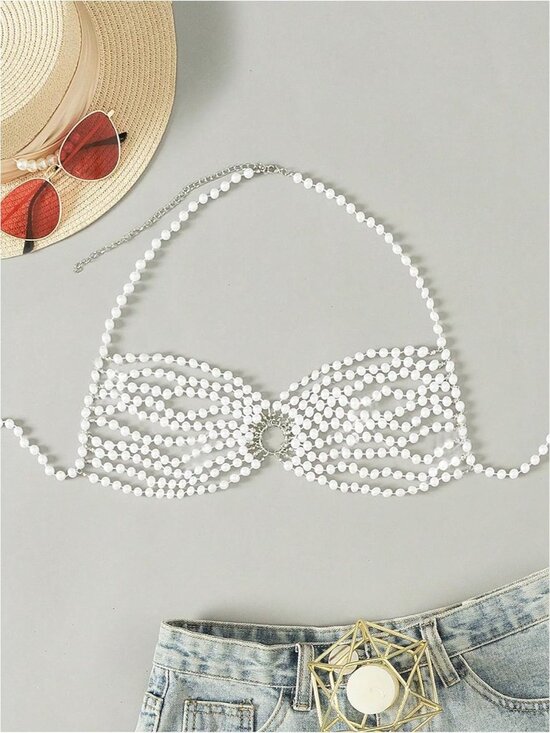 Women's White Pearl Beaded Halter Sleeveless Backless Beach Cover Up Bikini Top - Picture 2 of 6